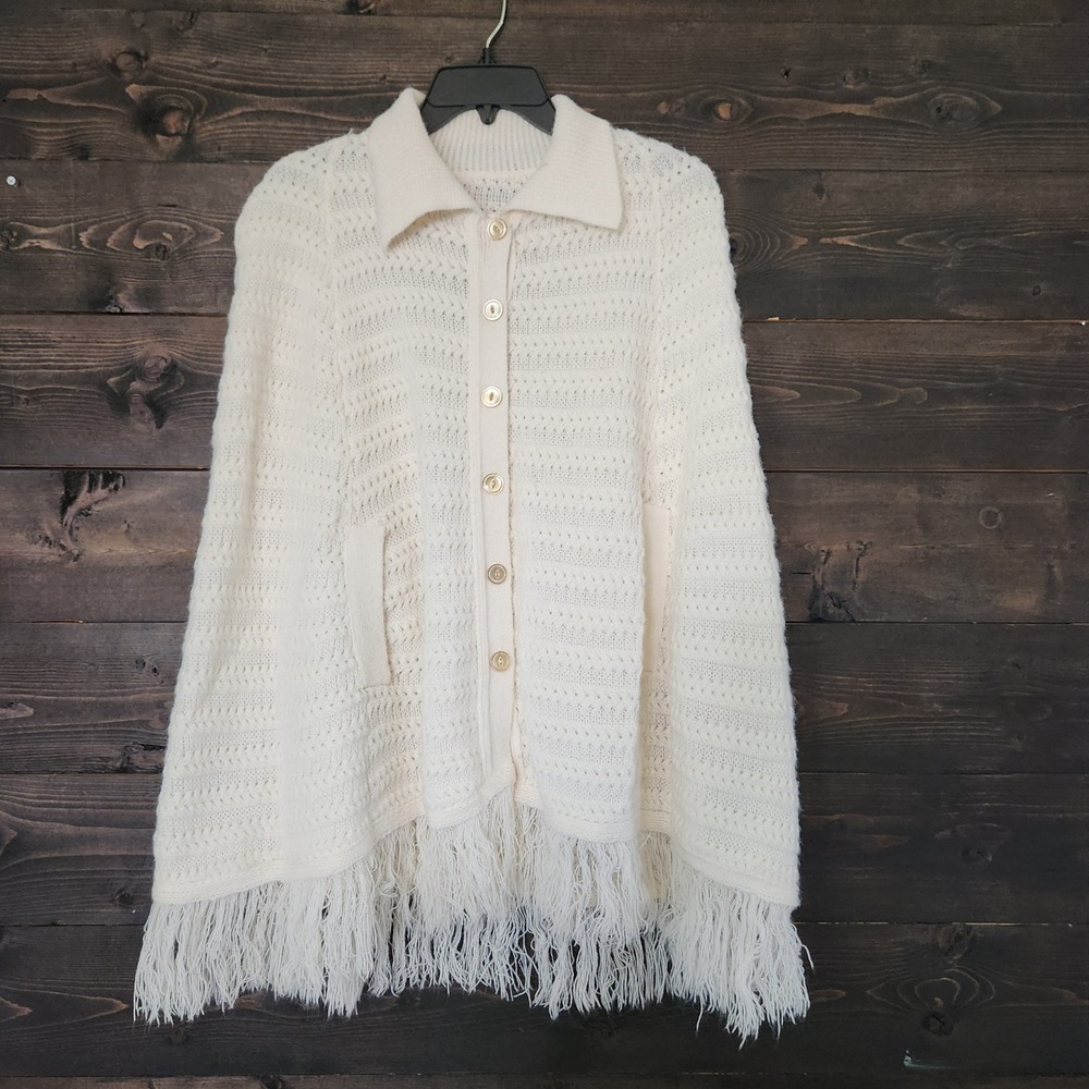 Vintage Off White Knit Button Front Poncho Cape with Fringe and Pockets